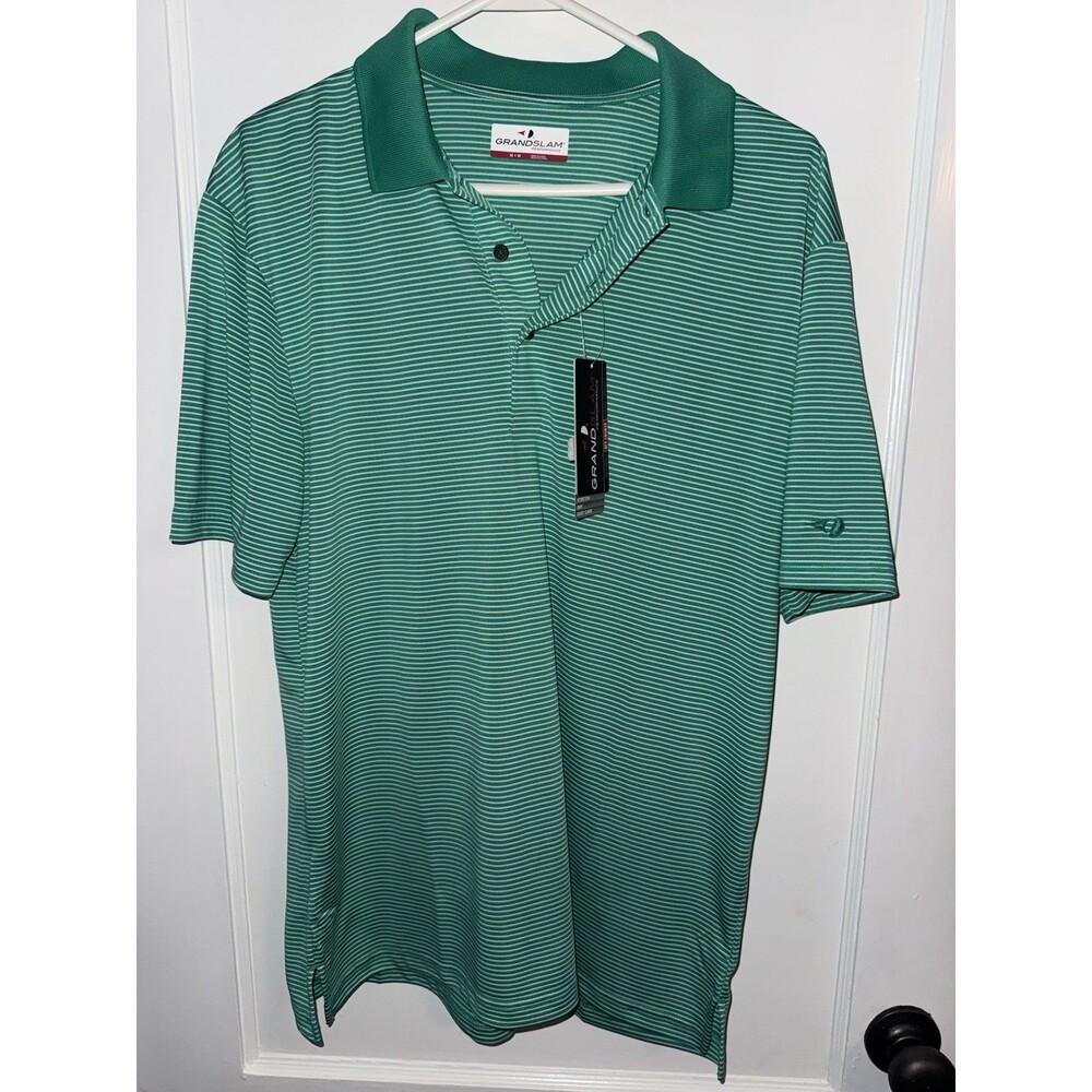 Grand Slam Performance Mens M Green White Striped Short Sleeve Polo Golf Shirt